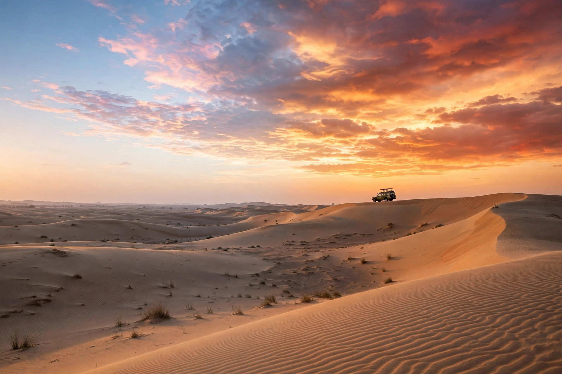 Dubai desert dunes in sunrise and sunset light with a safari vehicle