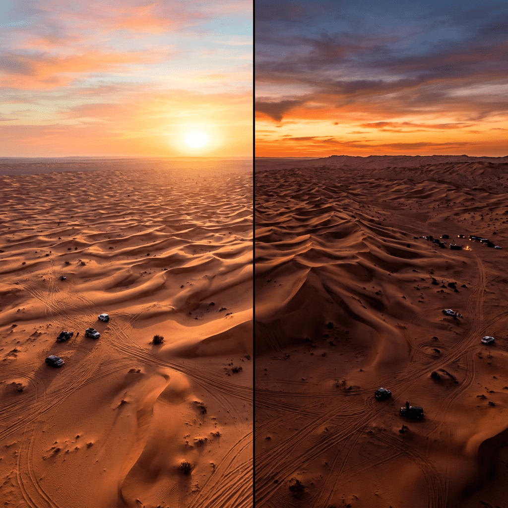 Desert landscape at sunset with sand dunes and vehicles, shown before and after color enhancement