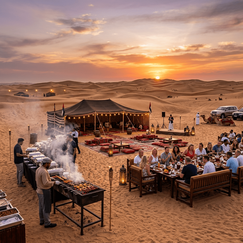 Group dining outdoors with barbecue grill and desert tent at sunset.