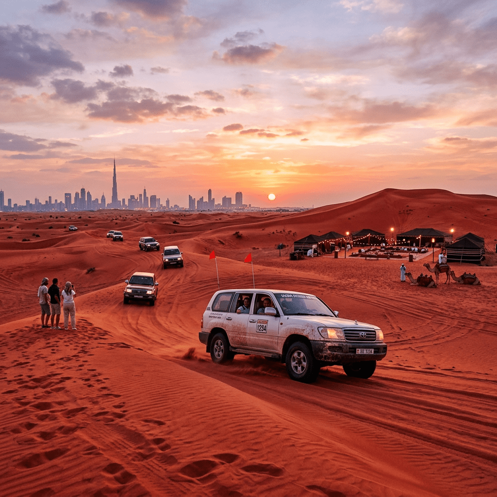 SUVs driving on red sand dunes at sunset with Dubai skyline and desert camp nearby
