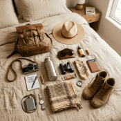 Desert safari travel items including backpack, hat, boots, camera, water bottle, binoculars, compass, sunscreen, and notebook