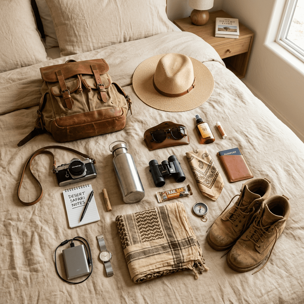 Desert safari travel items including backpack, hat, boots, camera, water bottle, binoculars, compass, sunscreen, and notebook