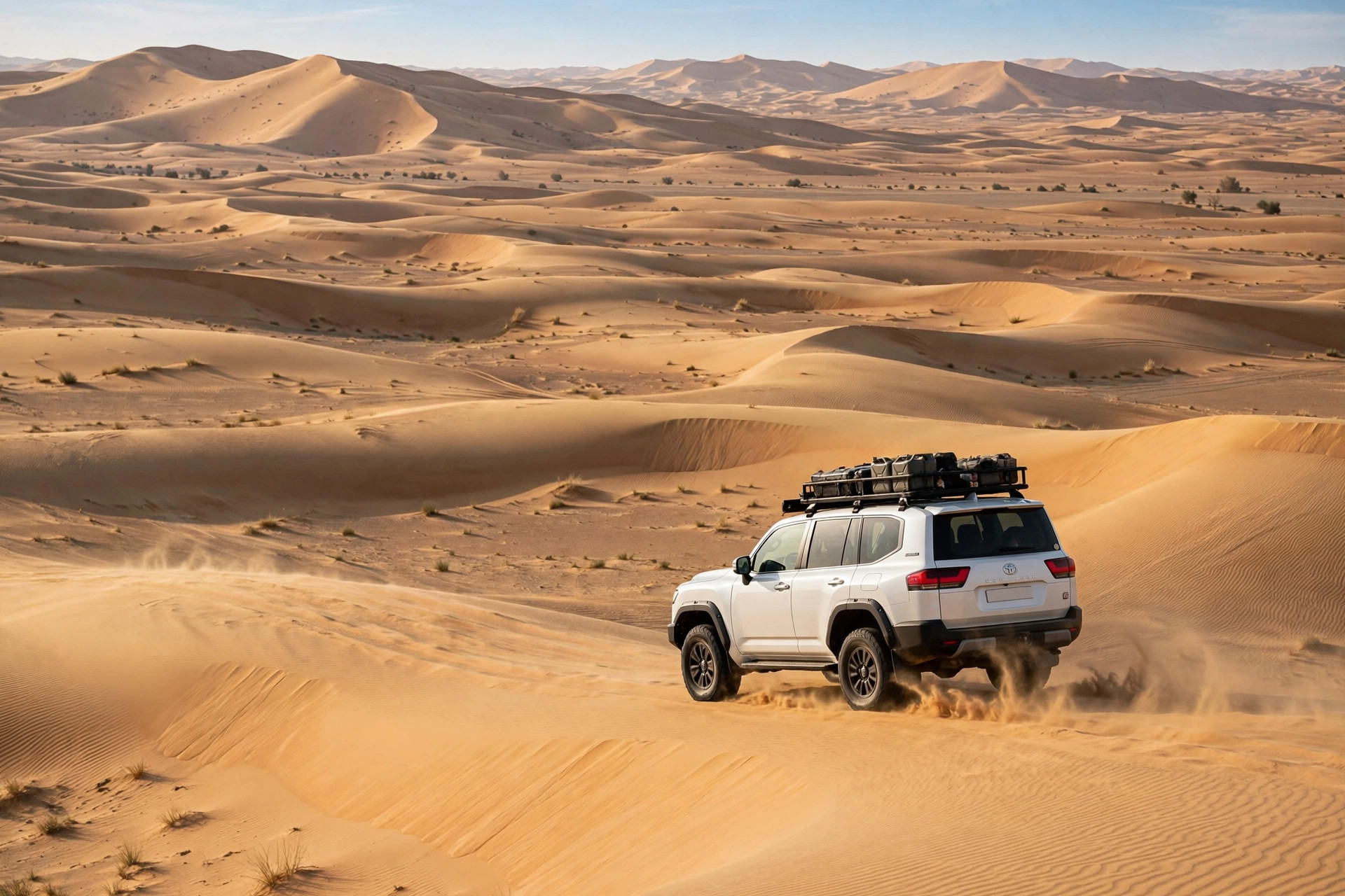 Desert safari 4x4 vehicle crossing golden dunes in Dubai