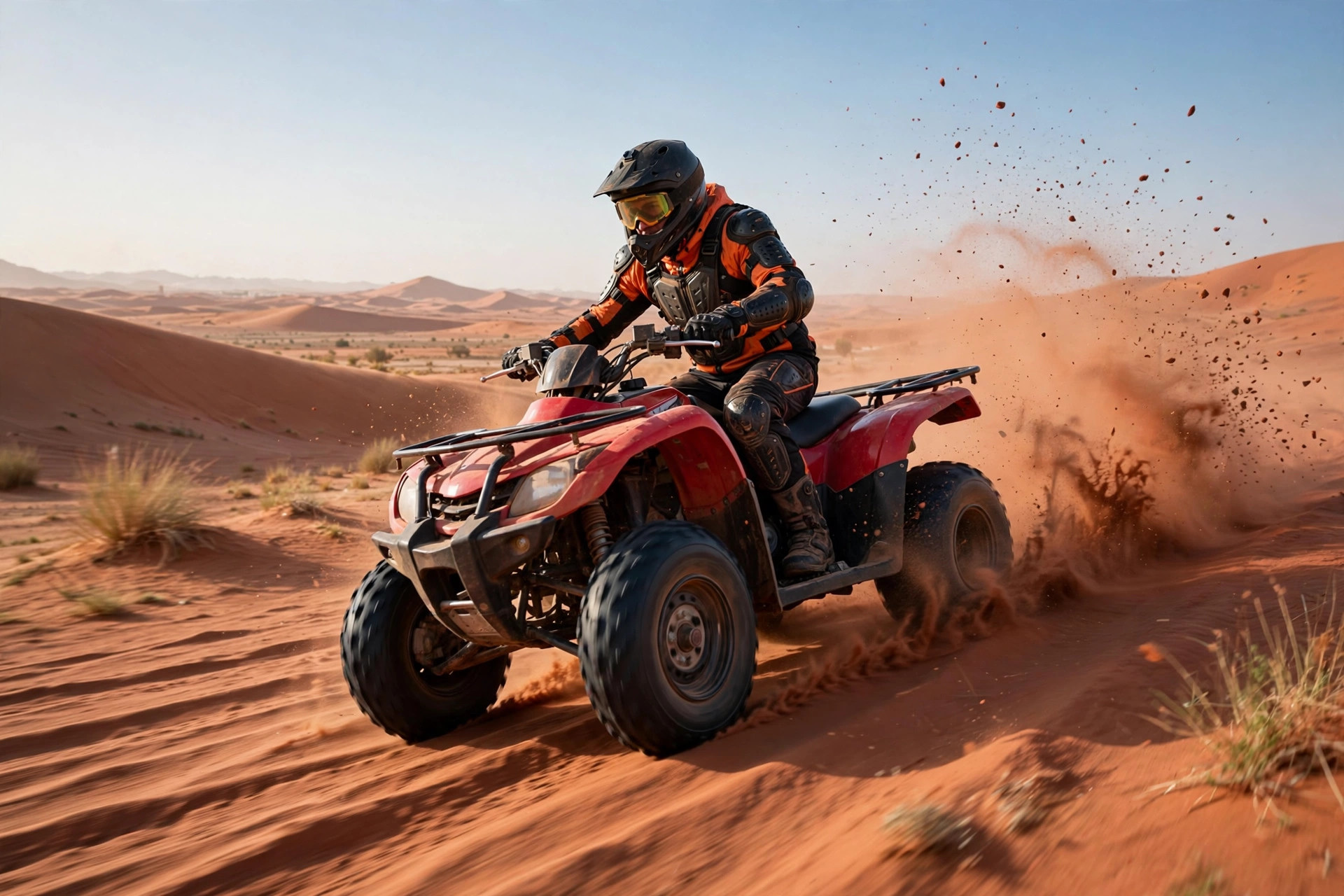 Rider on a quad bike in the Dubai desert wearing a helmet and safety gear