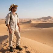 Traveler dressed for a Dubai desert safari standing on sand dunes