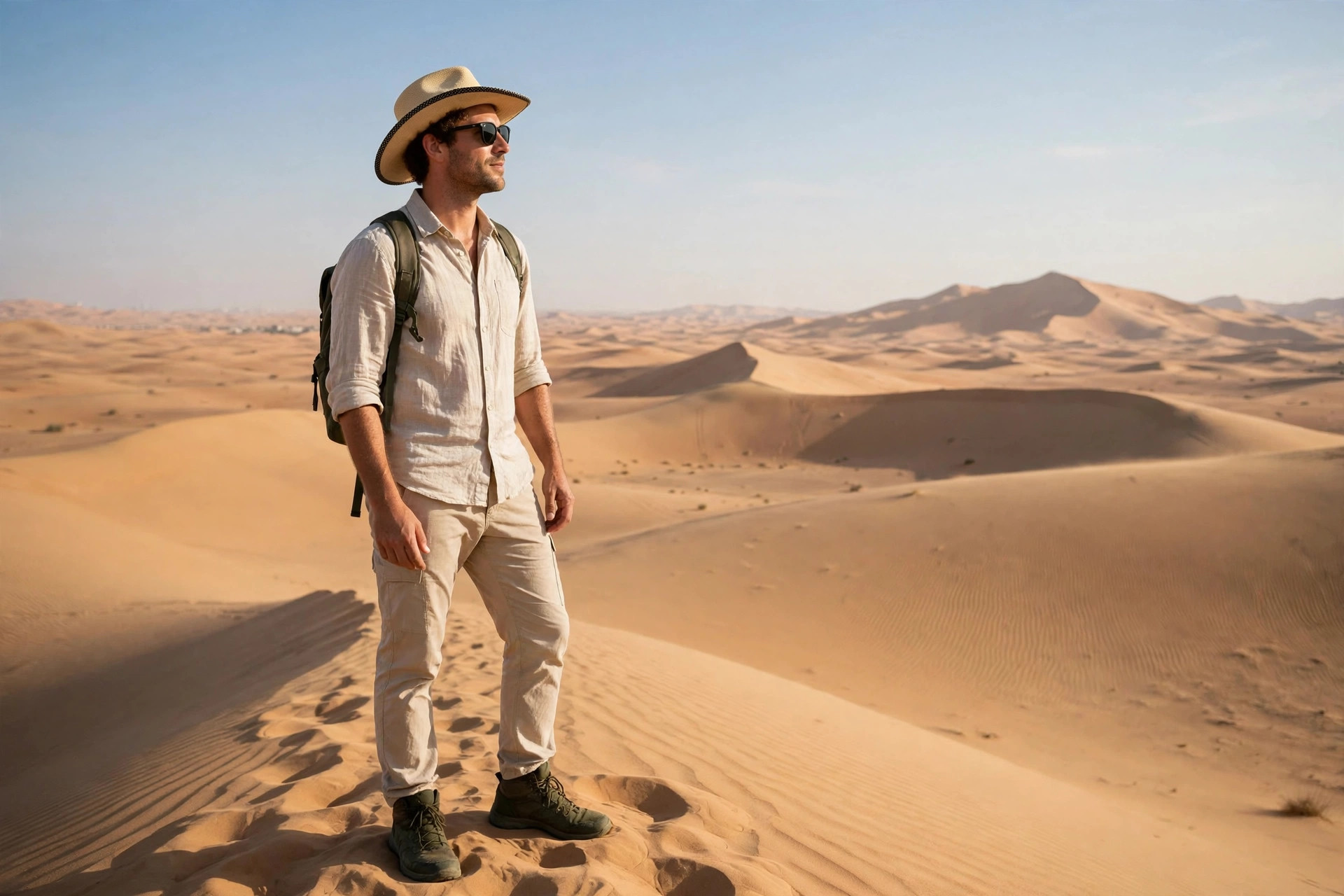 Traveler dressed for a Dubai desert safari standing on sand dunes