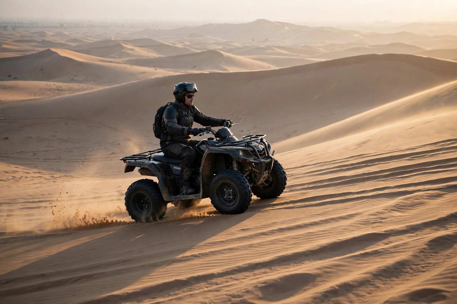 Quad bike rider crossing Dubai desert dunes in early morning light