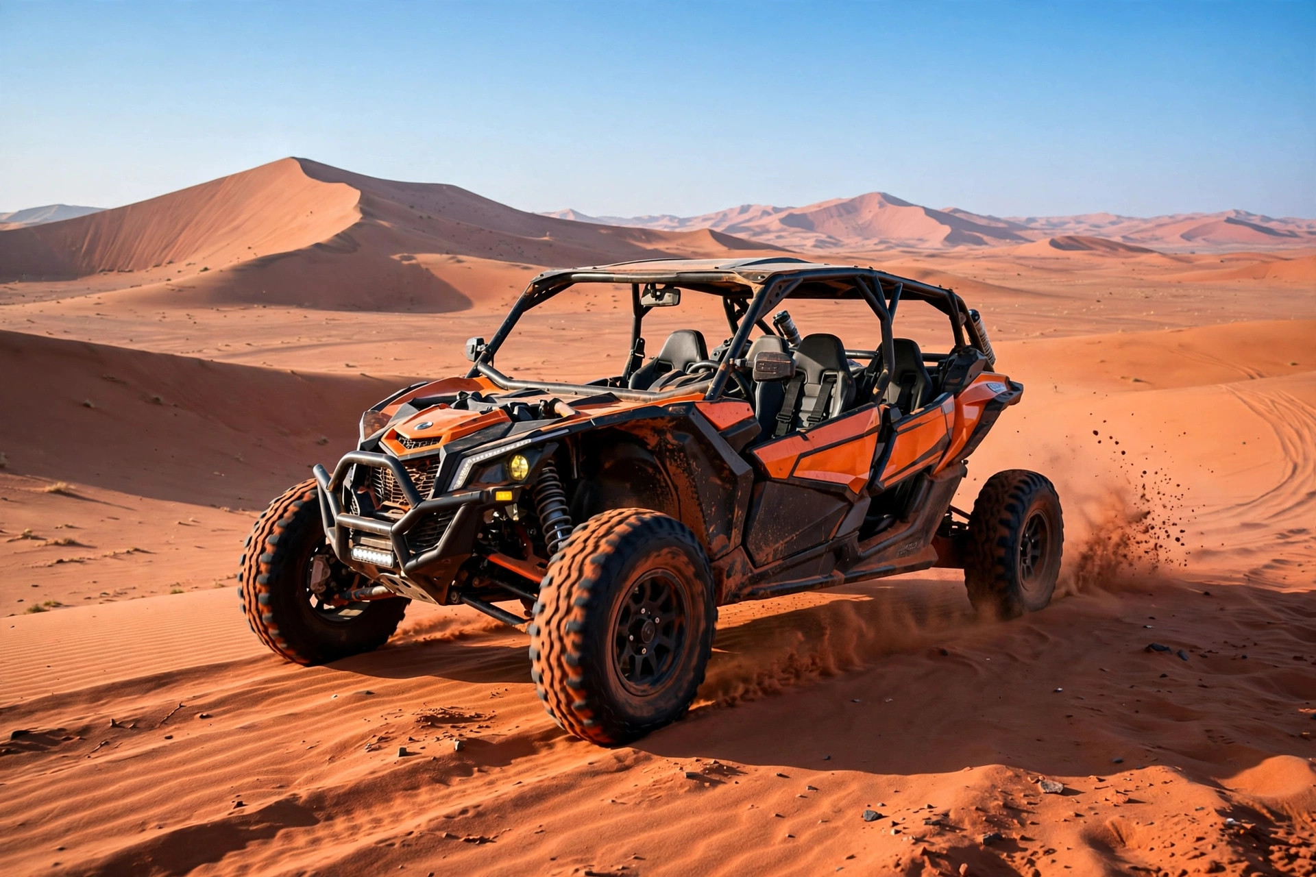 Dune buggy on Dubai desert dunes in morning light