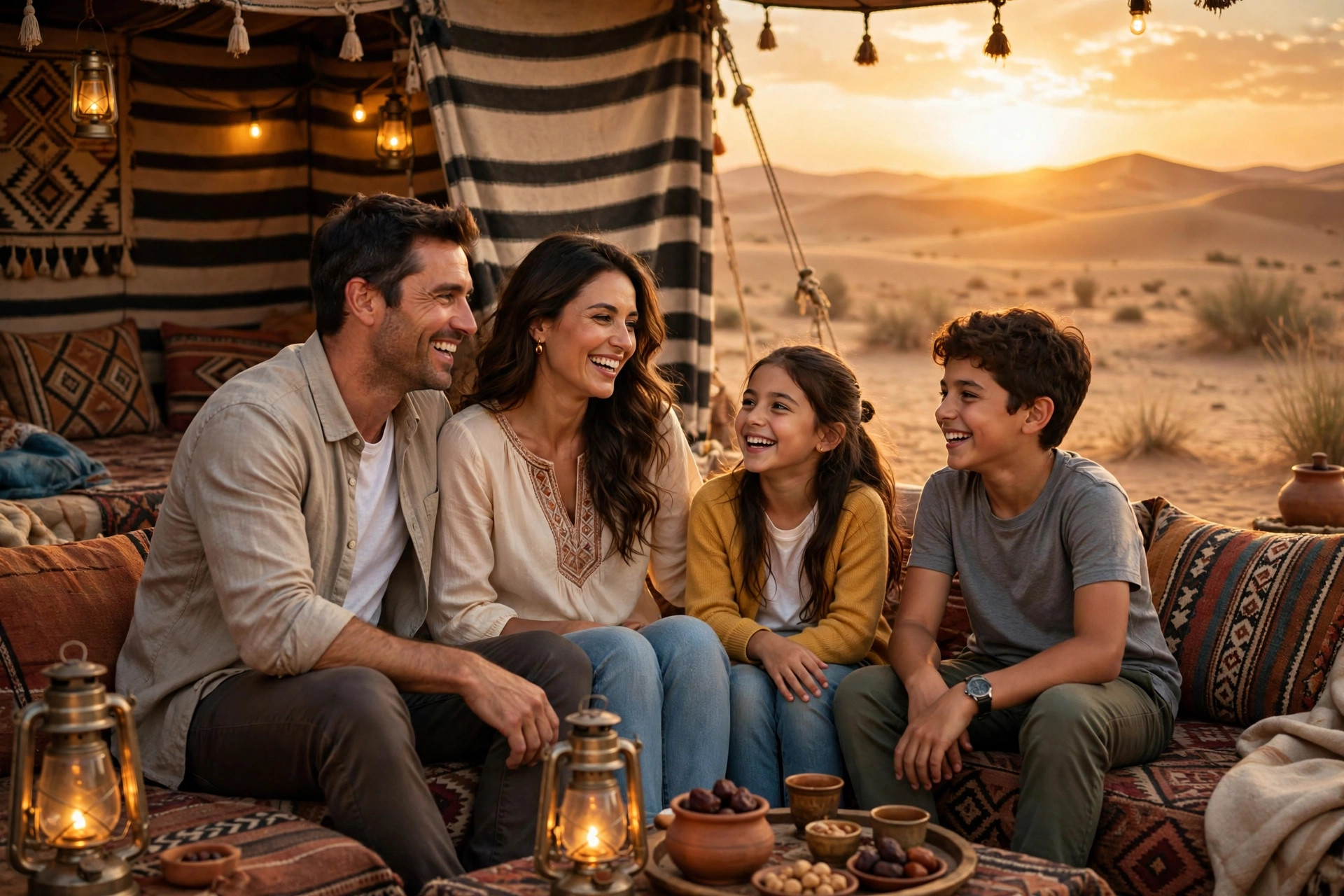 Family enjoying a Dubai desert safari camp at sunset