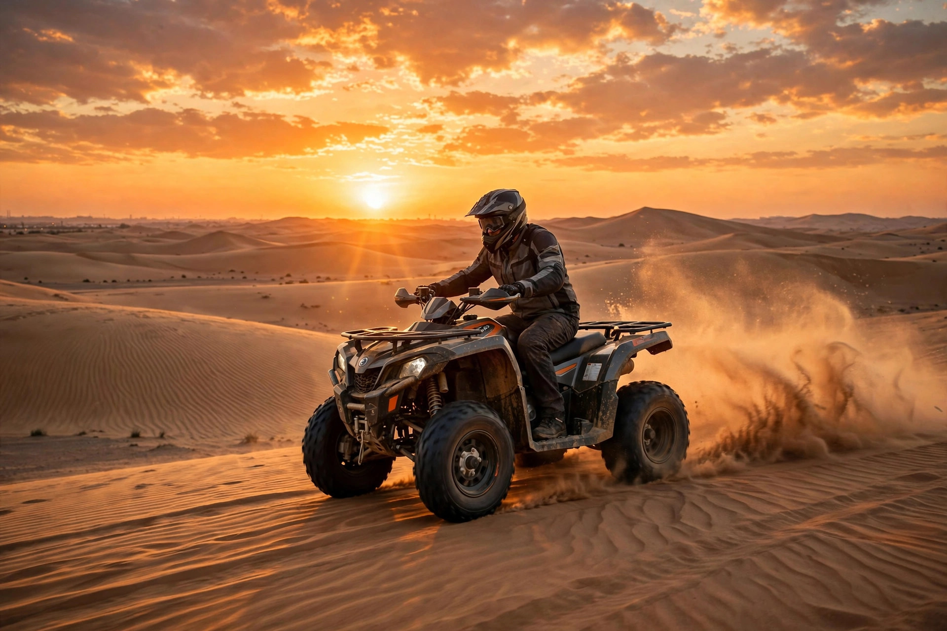 Quad bike rider on Dubai dunes at sunset