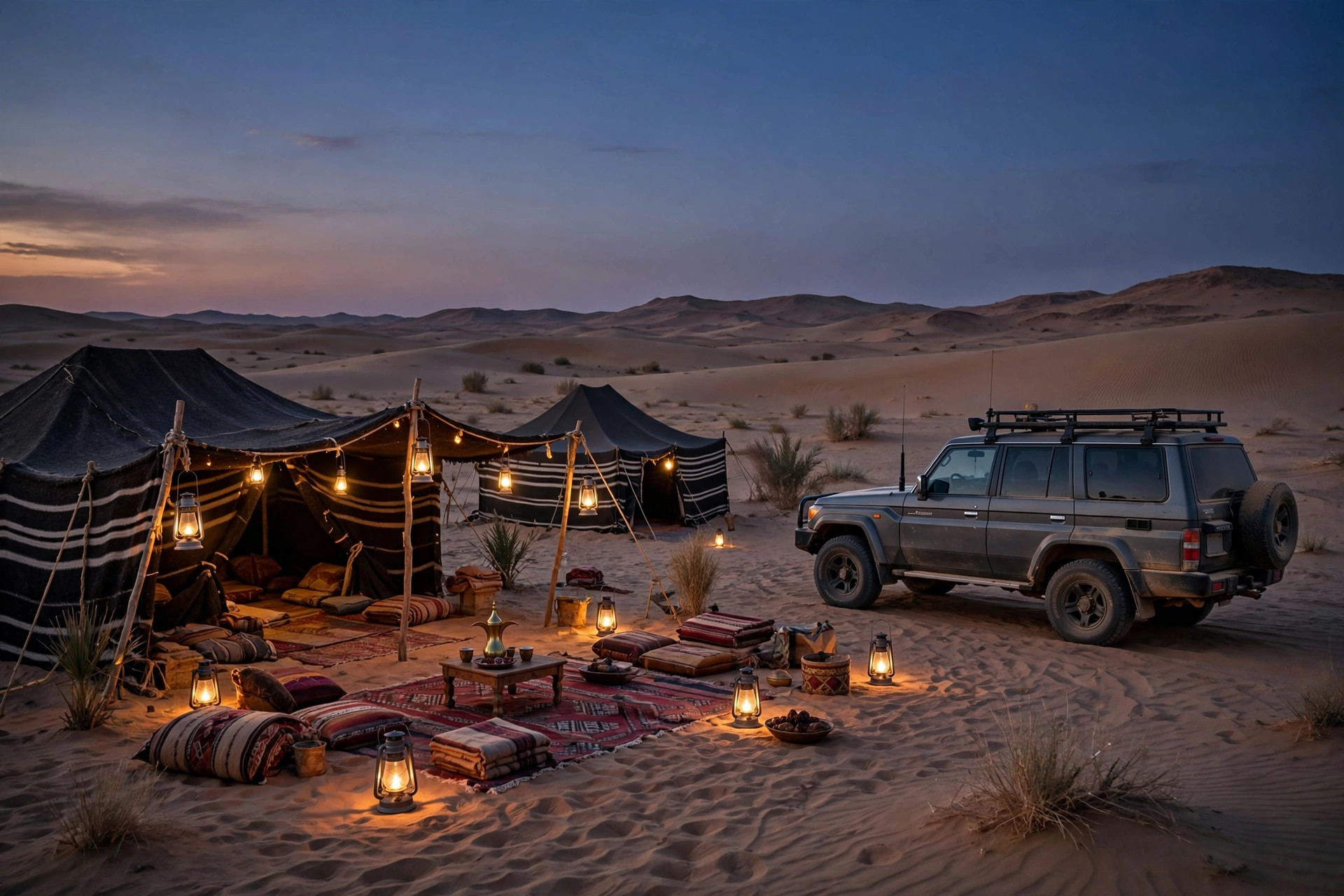 Dubai desert safari camp at dusk with 4x4 vehicle and glowing lanterns